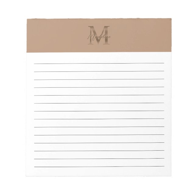 Script Metallisk Taupe Guld Monogram Linjerad Anteckningsblock (Framsida)