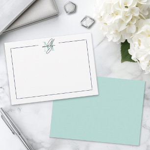Script Minimalist Tealblå Namnmonogram Anteckningskort