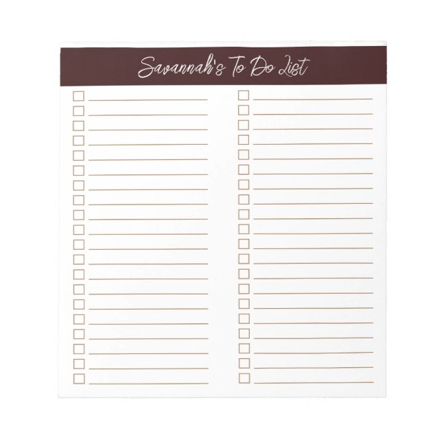 Script Modern Chocolate Brown Two Column Checklist Anteckningsblock (Framsida)