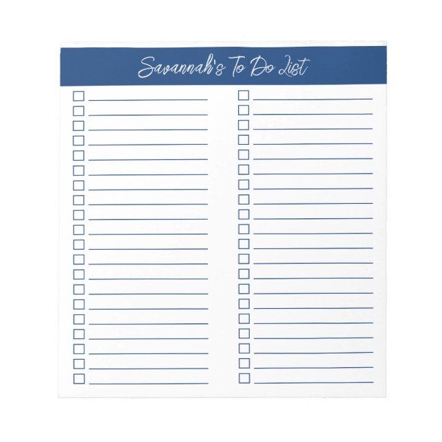 Script Modern Navy Blue Two Column Checklist Anteckningsblock (Framsida)