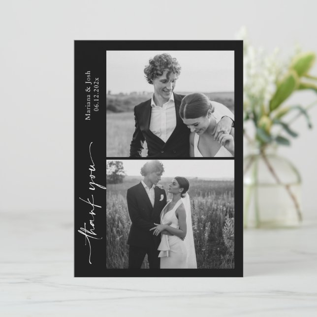 Script Modern Wedding 2 Photos Thank You Card Tack Kort (Stående Fram)