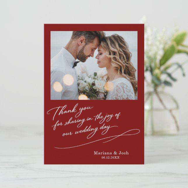 Script Modern Wedding 2 Photos Thank You Card Tack Kort (Stående Fram)