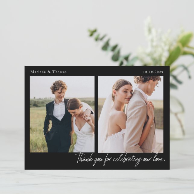 Script Modern Wedding 2 Photos Thank You Card Tack Kort (Stående Fram)