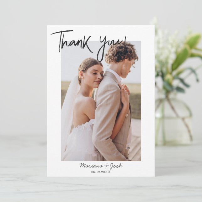 Script Modern Wedding 2 Photos Thank You Card Tack Kort (Stående Fram)