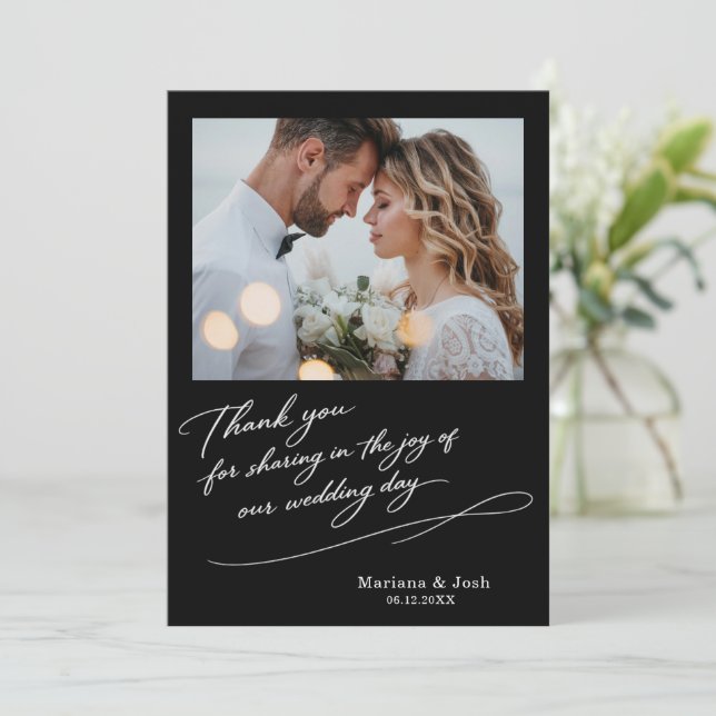 Script Modern Wedding 2 Photos Thank You Card Tack Kort (Stående Fram)