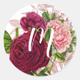 Script Monogram | Blush & Burgundy Blommor Runt Klistermärke
