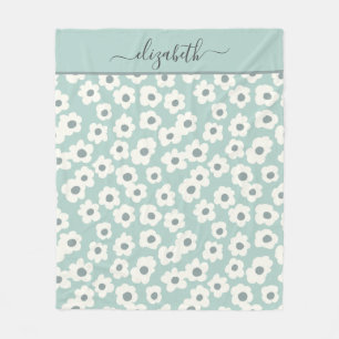 Script Monogram Boho Grön Vit Grå Blommig Fleecefilt