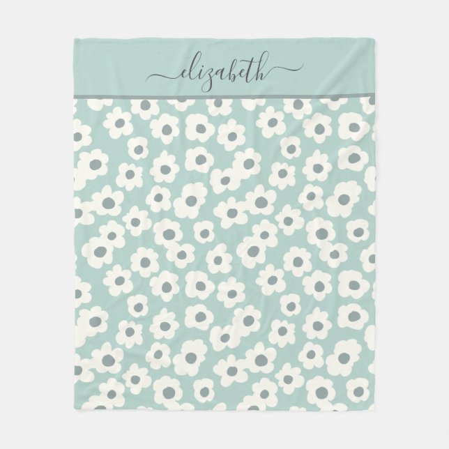 Script Monogram Boho Grön Vit Grå Blommig  Fleecefilt (Framsidan)