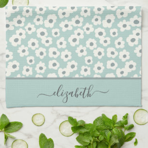 Script Monogram Boho Sagegrön Vit Grå Blommig Kökshandduk