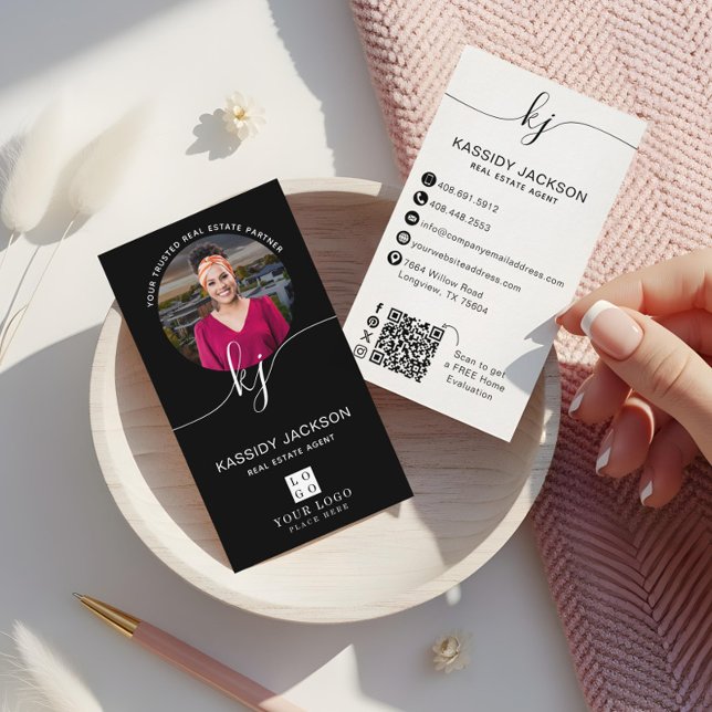 Script Monogram Fastighetsfoto Logo QR-kod Visitkort (Script Monogram Circle Business Photo Logo QR Code Business Card)