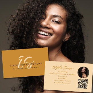 Script Monogram QR-kod Foto Tan Brun Girly   Visitkort