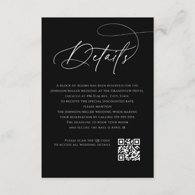 Script Monogram Wedding Details Black QR Code Tilläggskort (Framsida)
