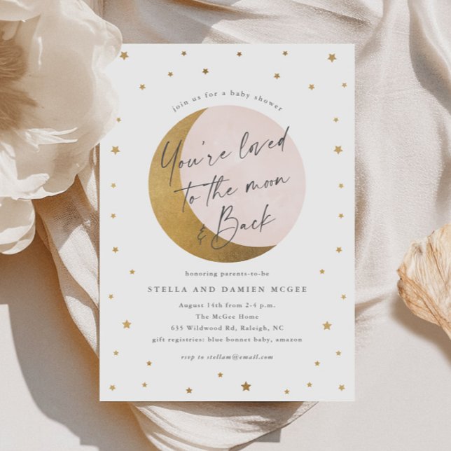 Script Moon and Back Baby Shower-inbjudan Inbjudningar (Elegant Script Gold Moon and Stars Pink Girls Baby SHower Invitations.)