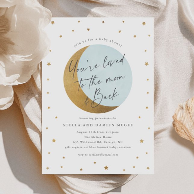 Script Moon and Stars Baby Shower Inbjudningar (Elegant Script Gold Moon and Stars Blue Boys Baby SHower Invitations.)