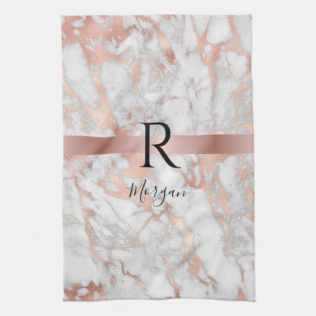 Script Name/Blk Monogram, White & Rose Gold Marble Kökshandduk (Vertikal)
