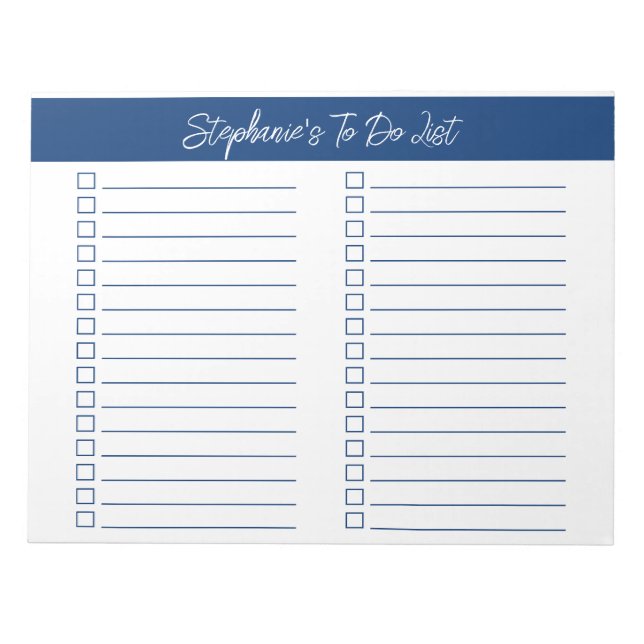 Script Navy Blue 8.5x11 Two Column Checklist Anteckningsblock (Framsida)