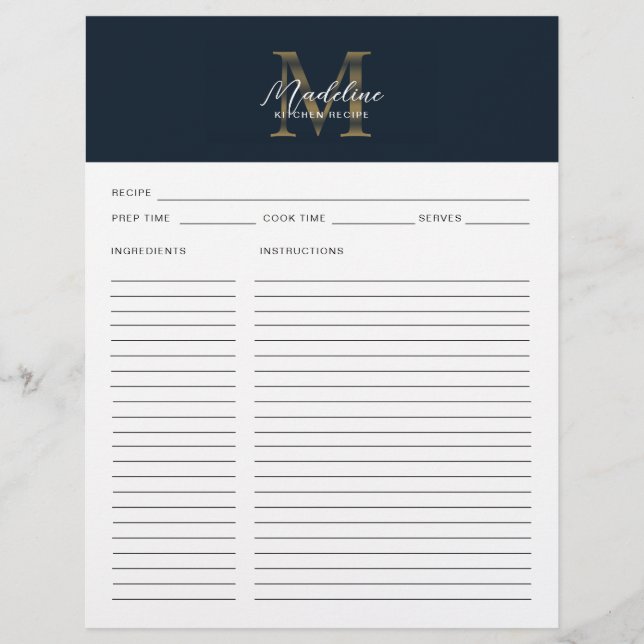 Script Navy Blue Metallic Gold Monogram Recipe (Framsida)