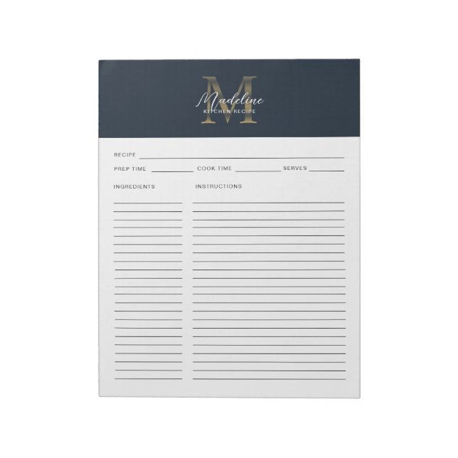 Script Navy Blue Metallic Gold Monogram Recipe Anteckningsblock (Roterad)