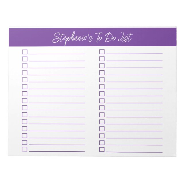 Script Purple 8.5x11 Two Column Checklist Anteckningsblock (Framsida)