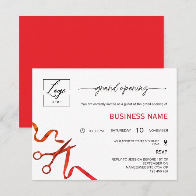 Script Red Ribbon Cutting Grand Opening Invitation Inbjudningar (Fram/baksida)