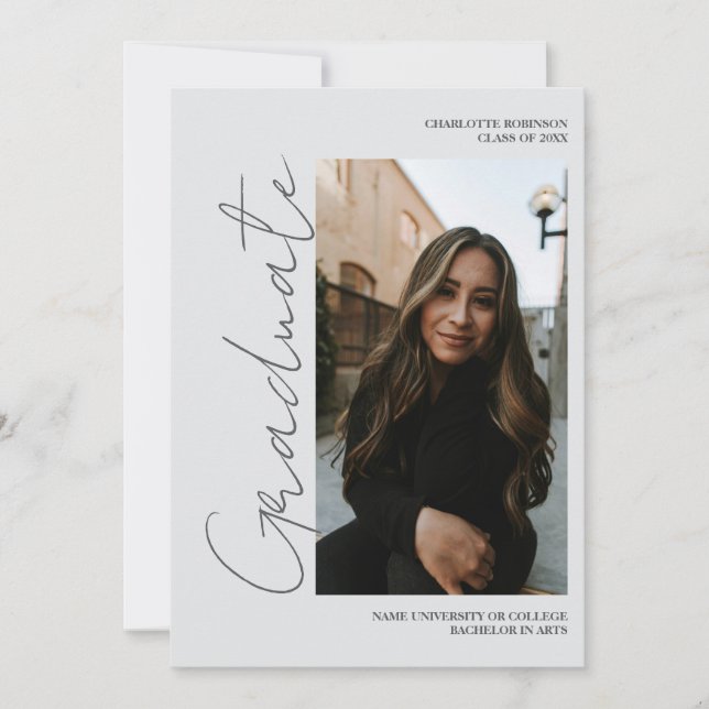 Script retro gray graduate photo graduation inbjudningar (Framsida)