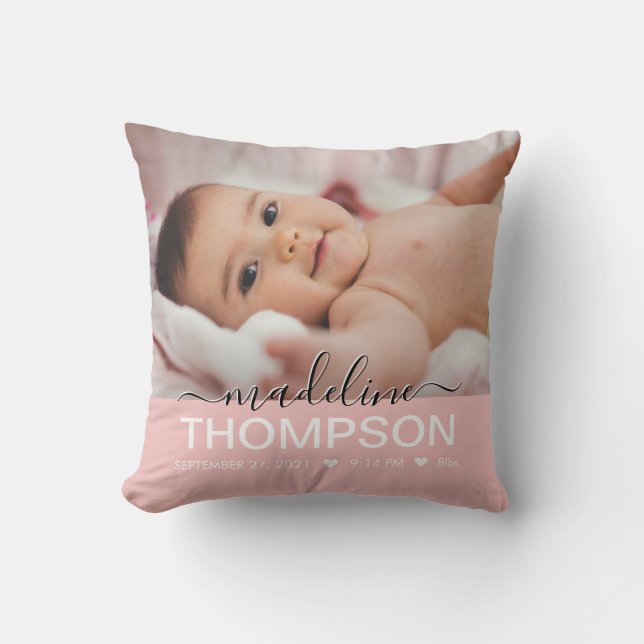 Script Rosa Baby Newborn Keepsaké Namn Photo Kudde (Framsida)