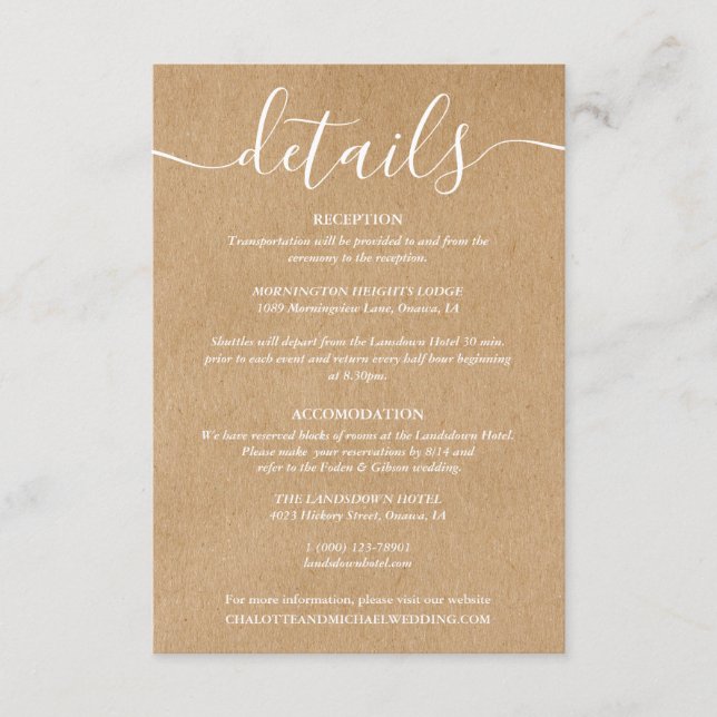 Script Rustic Kraft Bröllopsdetaljer Information Tilläggskort (Framsida)
