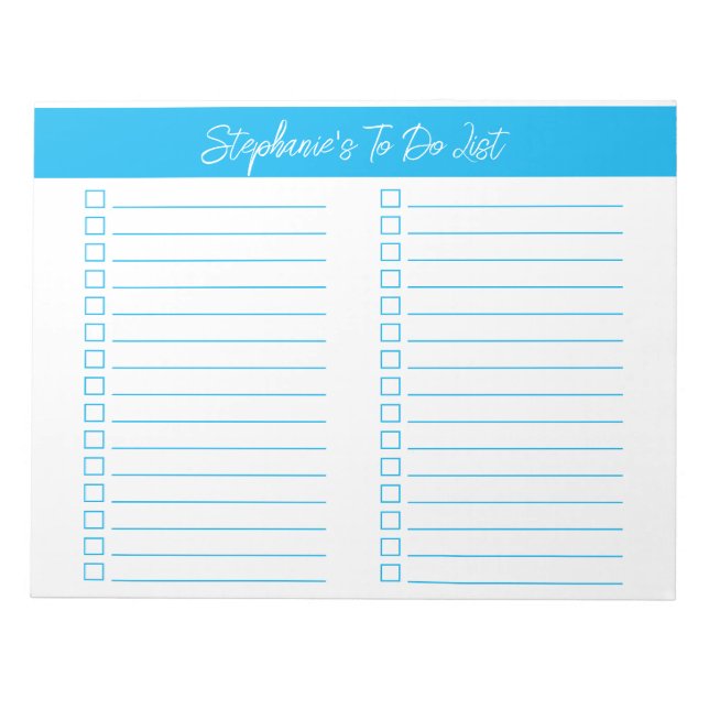 Script Sky Blue 8.5x11 Two Column Checklist Anteckningsblock (Framsida)