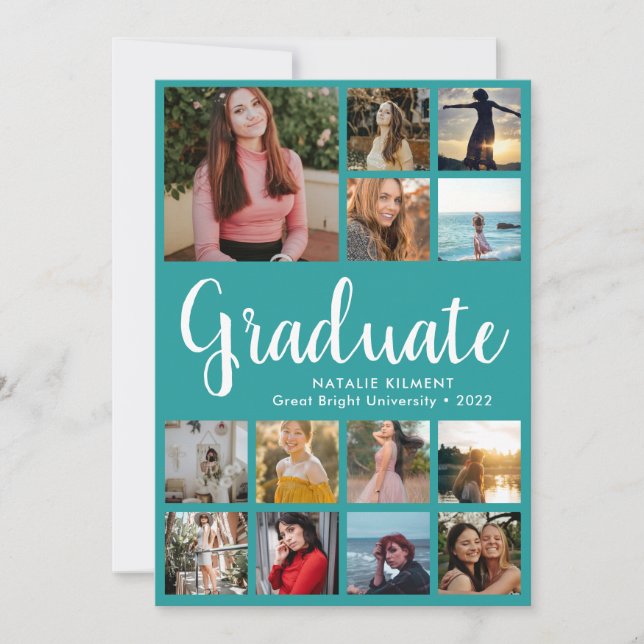 Script Student 14 Photo Collage Teal Studenten Inbjudningar (Framsida)