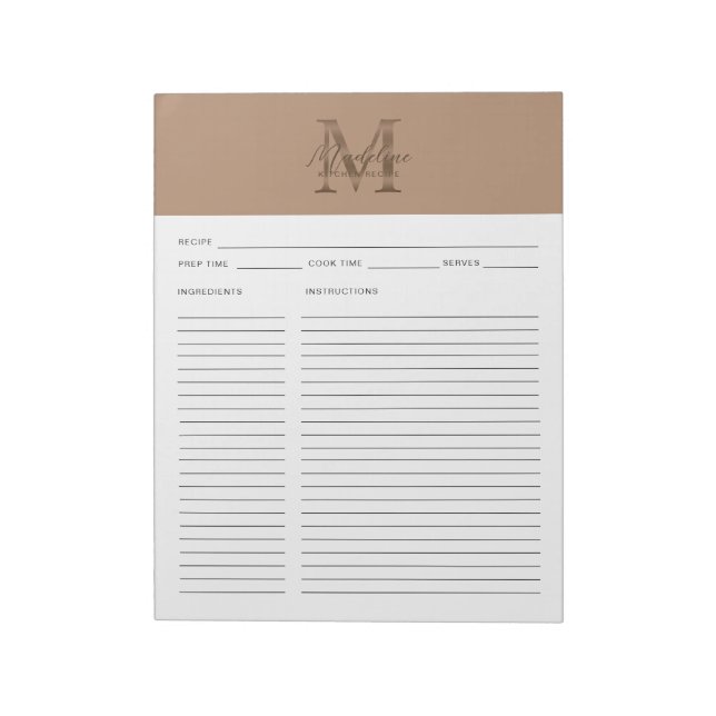 Script Taupe Metallic Gold Monogram Recipe Anteckningsblock (Roterad)