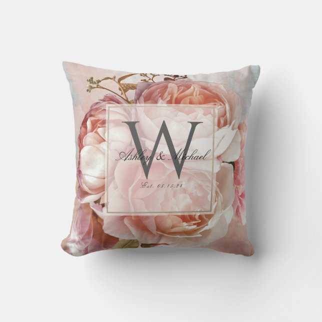 SCRIPT VIGSEL MONOGRAM | Rosa rosor peonies Kudde (Framsida)