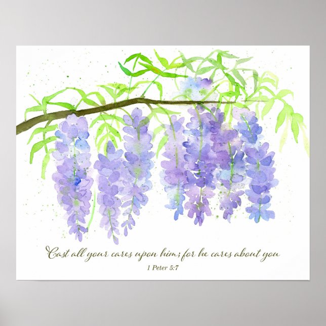 Scripture 1 Peter 5:7 Bible Verse Wisteria Flowers Poster (Framsidan)