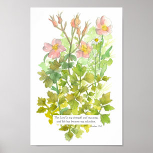 Scripture Exodus 15:2 Bible Verse Primrose Flowers Poster