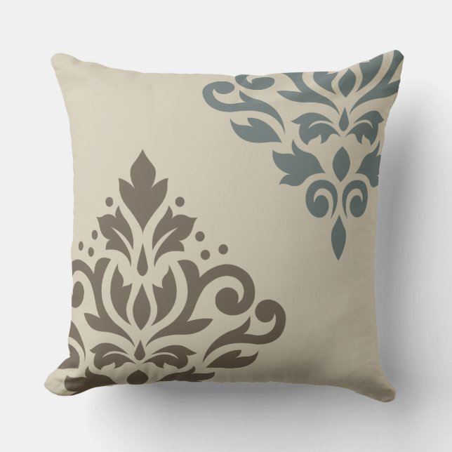 Scroll Damask Art I Brun Teal-Grå Sand Kudde (Framsida)