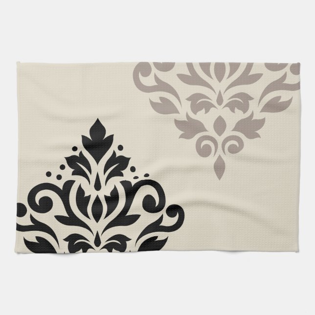 Scroll Damask Art I Svart Taupe Kräm Kökshandduk (Horisontell)