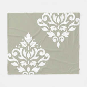 Scroll Damask Art I Vit på Grön Fleecefilt