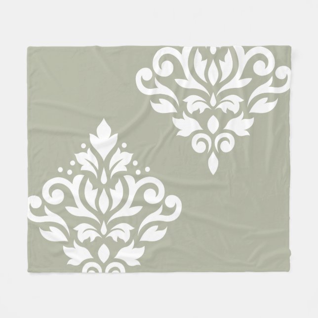 Scroll Damask Art I Vit på Grön Fleecefilt (Framsidan (Horisontell))