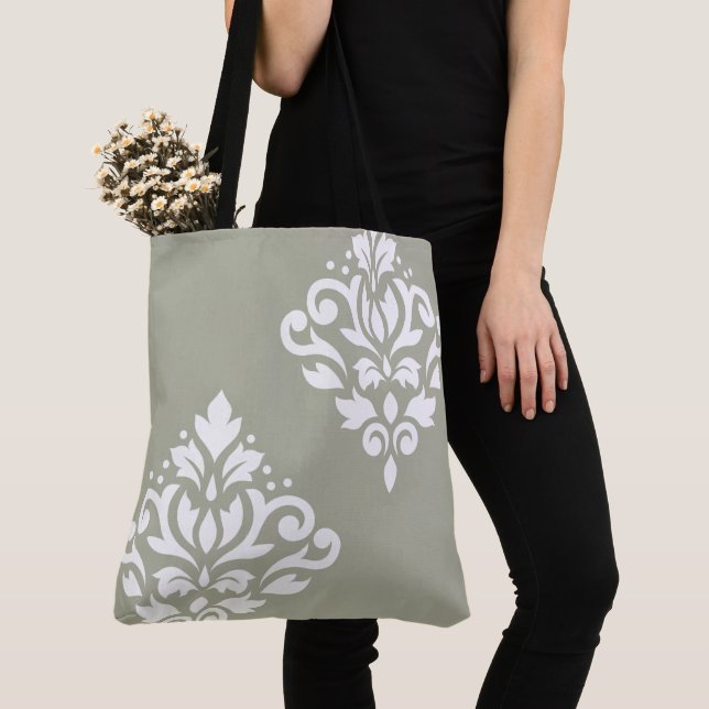 Scroll Damask Art I Vit på Grön Tygkasse (Närbild)