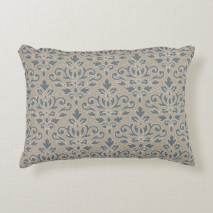 Scroll Damask Mönster Kräm Linje Blå Sand Prydnadskudde