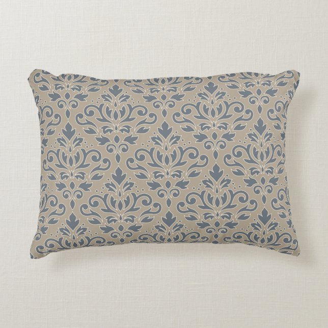 Scroll Damask Mönster Kräm Linje Blå Sand Prydnadskudde (Framsidan)