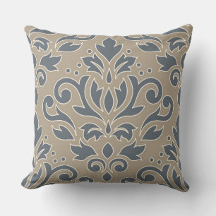 Scroll Damask Stort Mönster Krämfärgad Kontur Blå Kudde