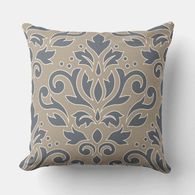 Scroll Damask Stort Mönster Krämfärgad Kontur Blå  Kudde (Framsida)