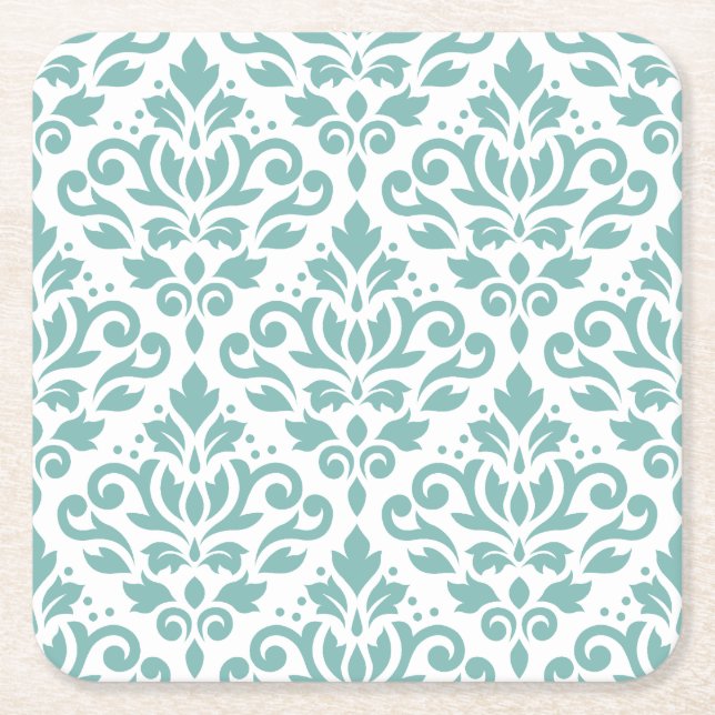Scroll Damask Teal Pattern Underlägg Papper Kvadrat (Framsidan)