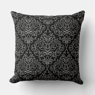 Scroll Damask Vit på Svart Linje Stort Mönster Kudde