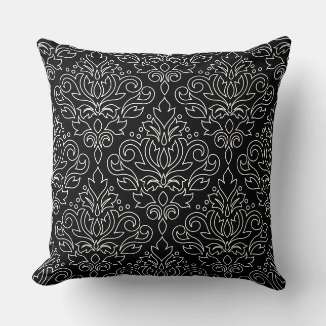 Scroll Damask Vit på Svart Linje Stort Mönster Kudde (Framsida)