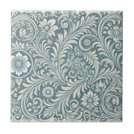 Scrolling Damask Pattern in Soft Blue and Ivory Kakelplatta