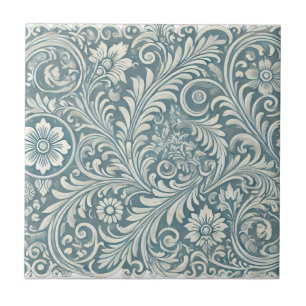 Scrolling Damask Pattern in Soft Blue and Ivory Kakelplatta