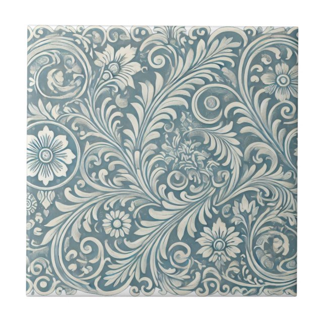Scrolling Damask Pattern in Soft Blue and Ivory Kakelplatta (Framsidan)