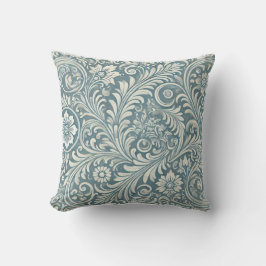 Scrolling Damask Pattern in Soft Blue and Ivory Kudde