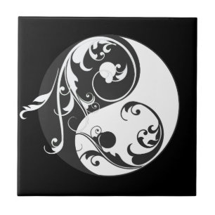 Scrolling Yin Yang Symbol (svart) Kakelplatta